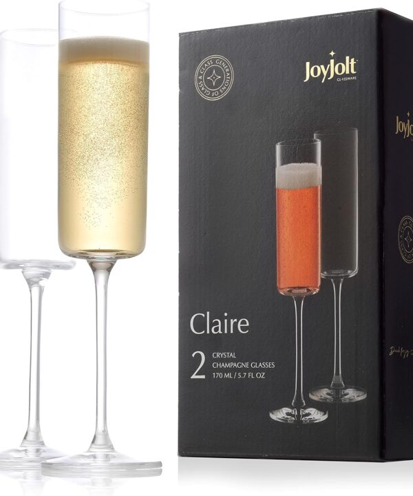 JoyJolt Champagne Flutes, Claire Collection Crystal Champagne Glasses Set of 2, 5.7 Ounce Capacity, Exquisite Craftsmanship, Ideal for Home Bar, Special Occasions  Made in Europe