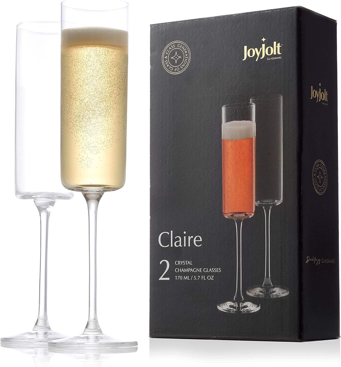 JoyJolt Champagne Flutes, Claire Collection Crystal Champagne Glasses Set of 2, 5.7 Ounce Capacity, Exquisite Craftsmanship, Ideal for Home Bar, Special Occasions Made in Europe