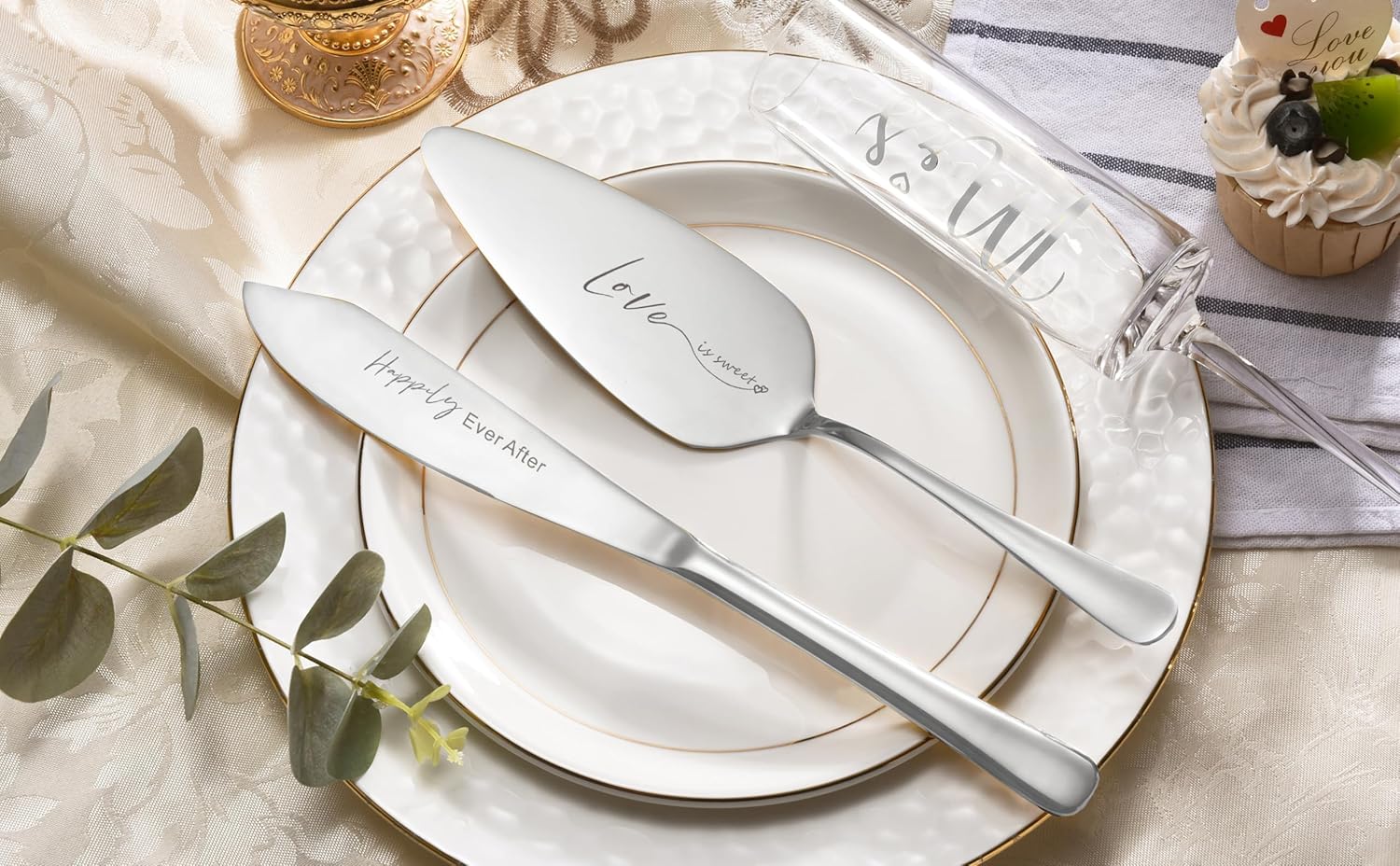 ROXBURGH Wedding Cake Knife and Server Set, Bride and Groom Mr and Mrs Champagne Flutes & Forks with Giftable Box, Cake Cutting Set for Wedding Engagement Bridal Shower Gifts