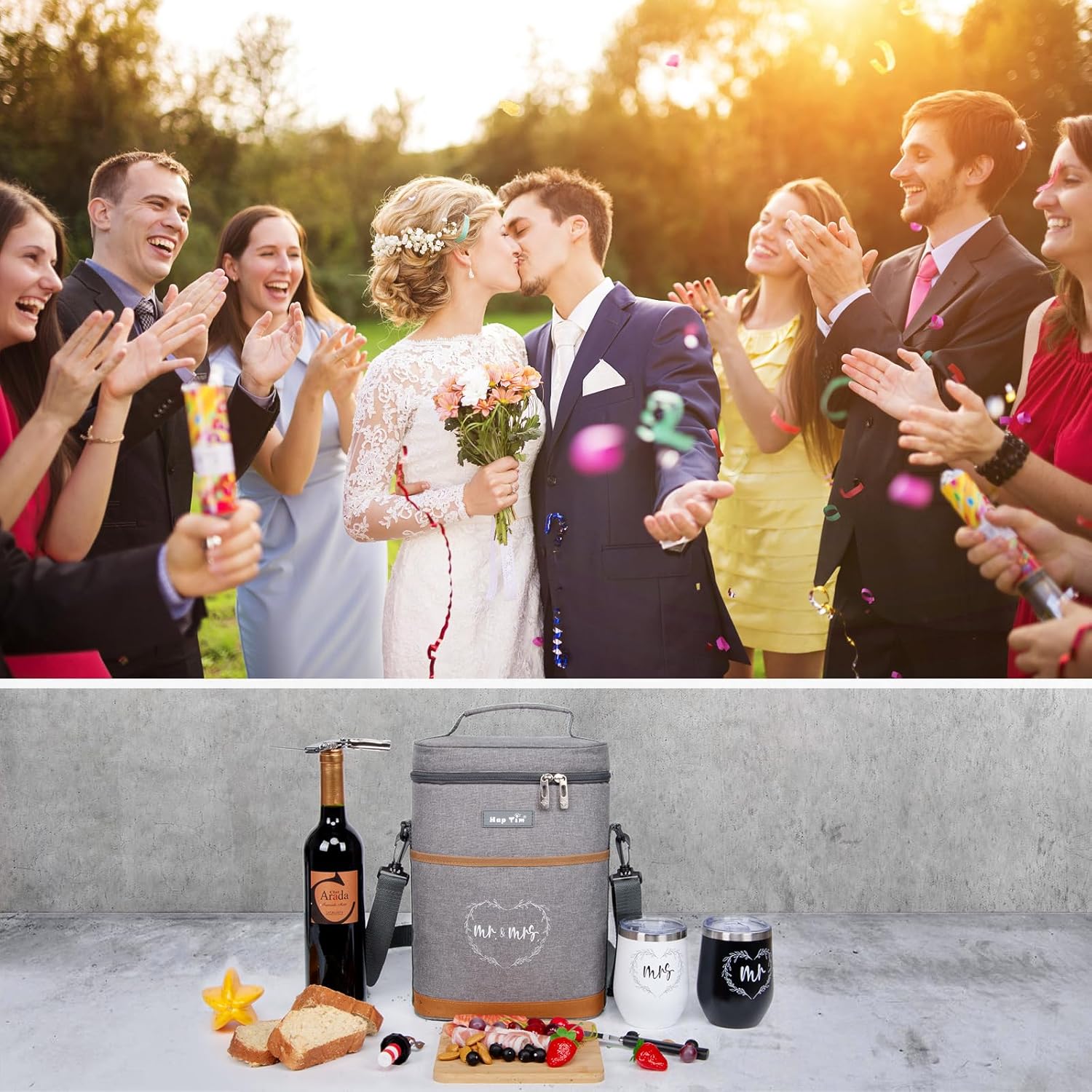 Hap Tim Wedding Gifts for Couples, Bridal Shower Gifts, Engagement Gifts for Newlyweds, Mr and Mrs gifts – Wine Cooler Bag Insulated Wine Carrier Tote with Tumblers, Bamboo Cheese Borad