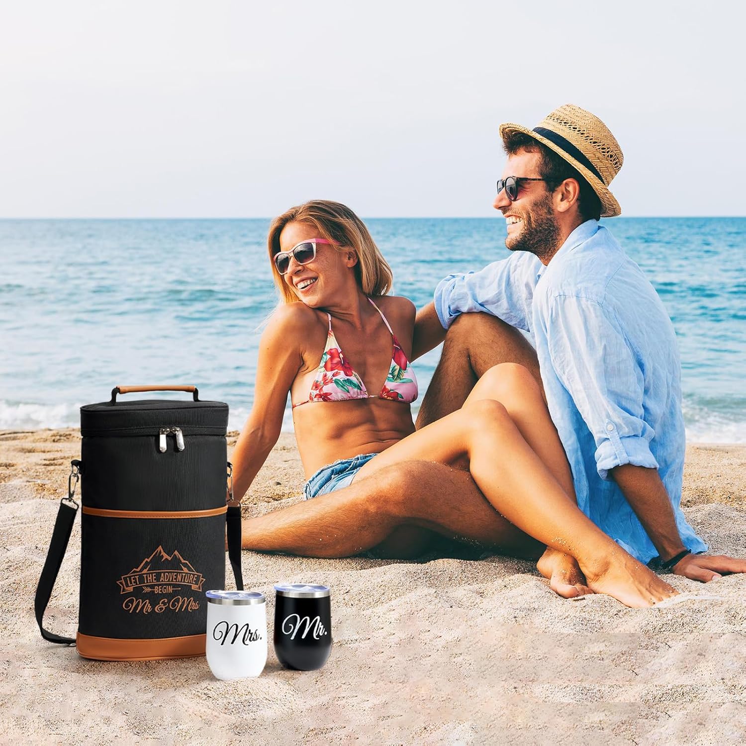 AW BRIDAL Wedding Gifts for Bride Groom, Mr and Mrs Wine Gift Basket for Engagement Bachelorette Party, Anniversary Insulated Wine Cooler Bag Tumblers with Accessories Set for Honeymoon Beach Travel