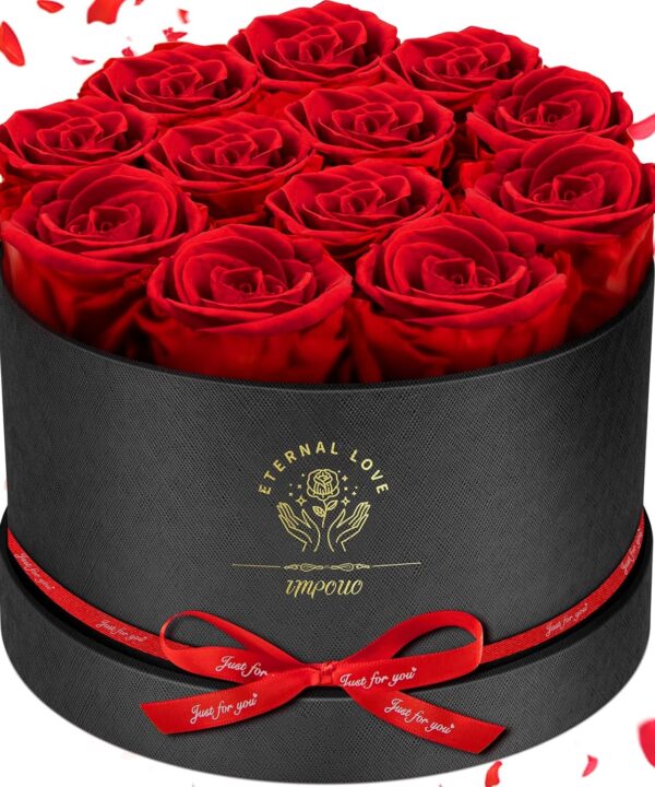 Forever Flowers,12 Red Roses in A Box, Real Preserved Roses, Birthday Gift for Women, Mother's Day, Anniversary Day- Red Roses