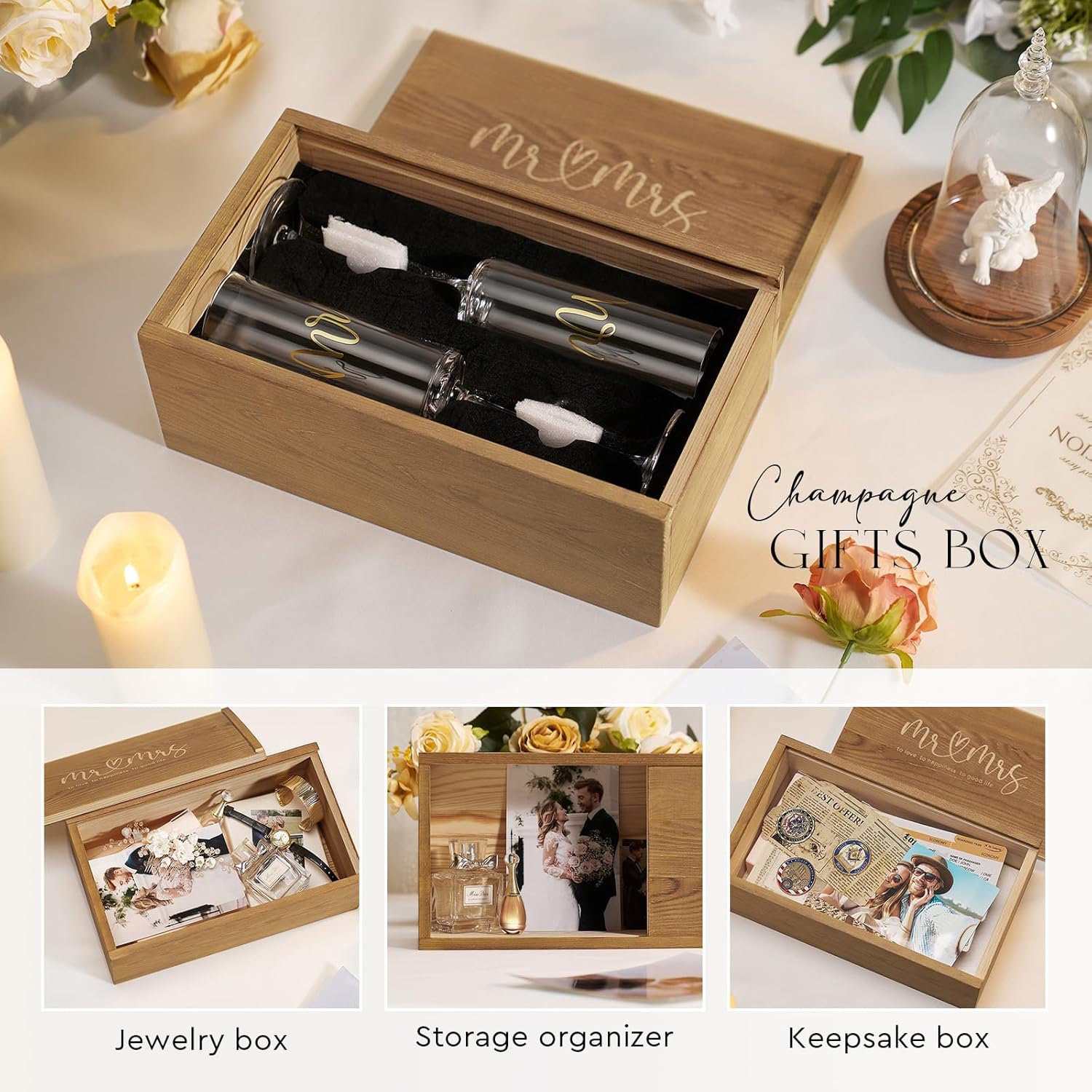AW BRIDAL Mr and Mrs Champagne Flutes Set of 2, Engagement Bridal Shower Gifts for Couple Newlyweds, Wedding Anniversary Toasting Glasses with Wooden Box for Bride Groom