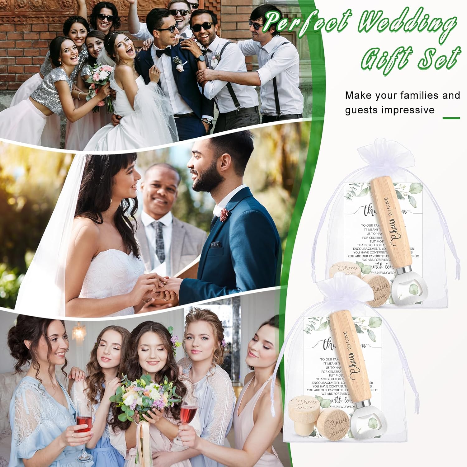 Barydat 36 Sets Wedding Favors for Guests Bulk Engraved Wood Wine Corks Beer Bottle Openers with Wedding Thank You Cards Organza Bags Cheers to Love Appreciation Gifts Bridal Shower Souvenirs