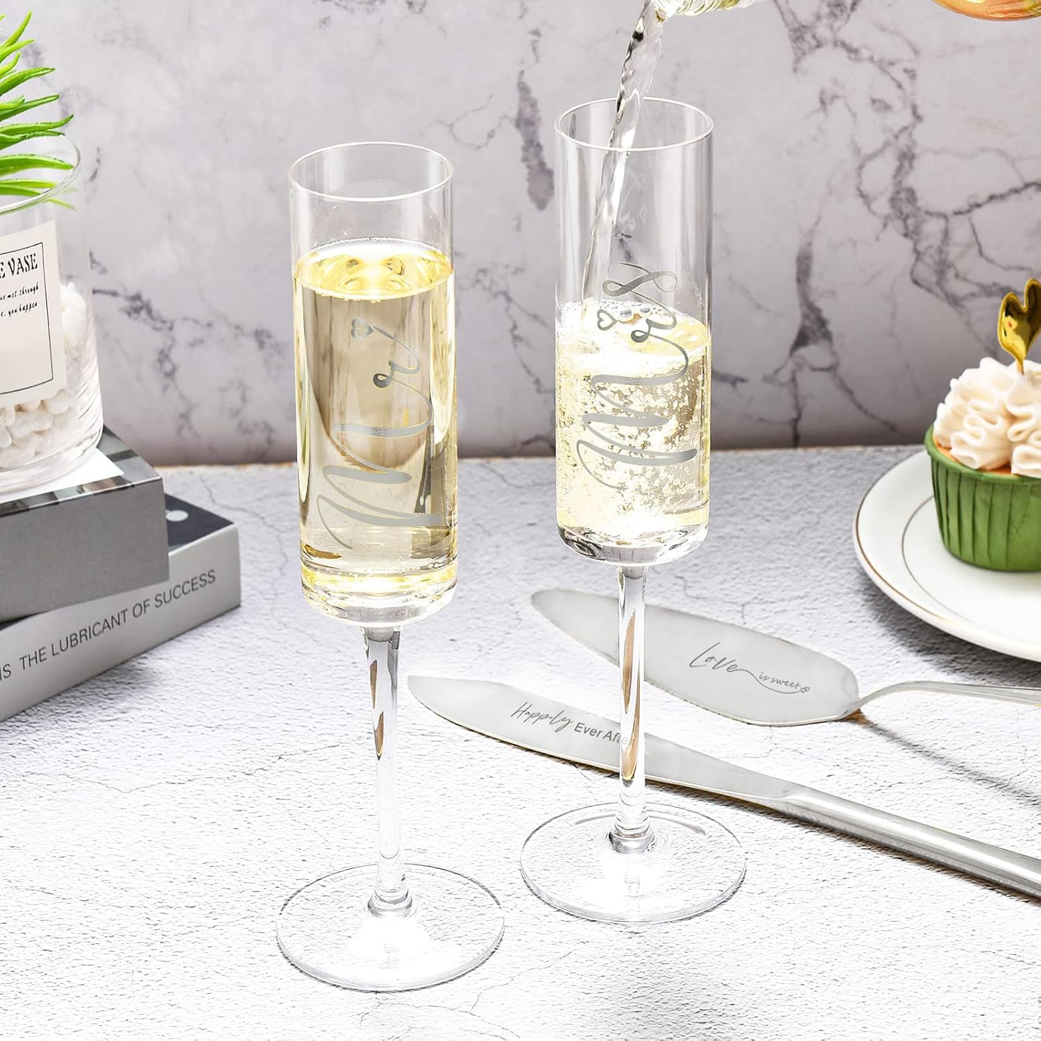 ROXBURGH Wedding Cake Knife and Server Set, Bride and Groom Mr and Mrs Champagne Flutes & Forks with Giftable Box, Cake Cutting Set for Wedding Engagement Bridal Shower Gifts