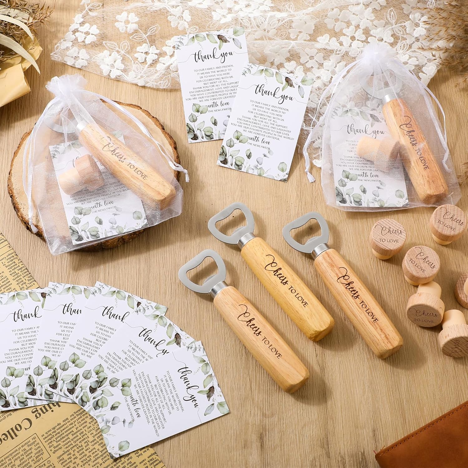 Barydat 36 Sets Wedding Favors for Guests Bulk Engraved Wood Wine Corks Beer Bottle Openers with Wedding Thank You Cards Organza Bags Cheers to Love Appreciation Gifts Bridal Shower Souvenirs