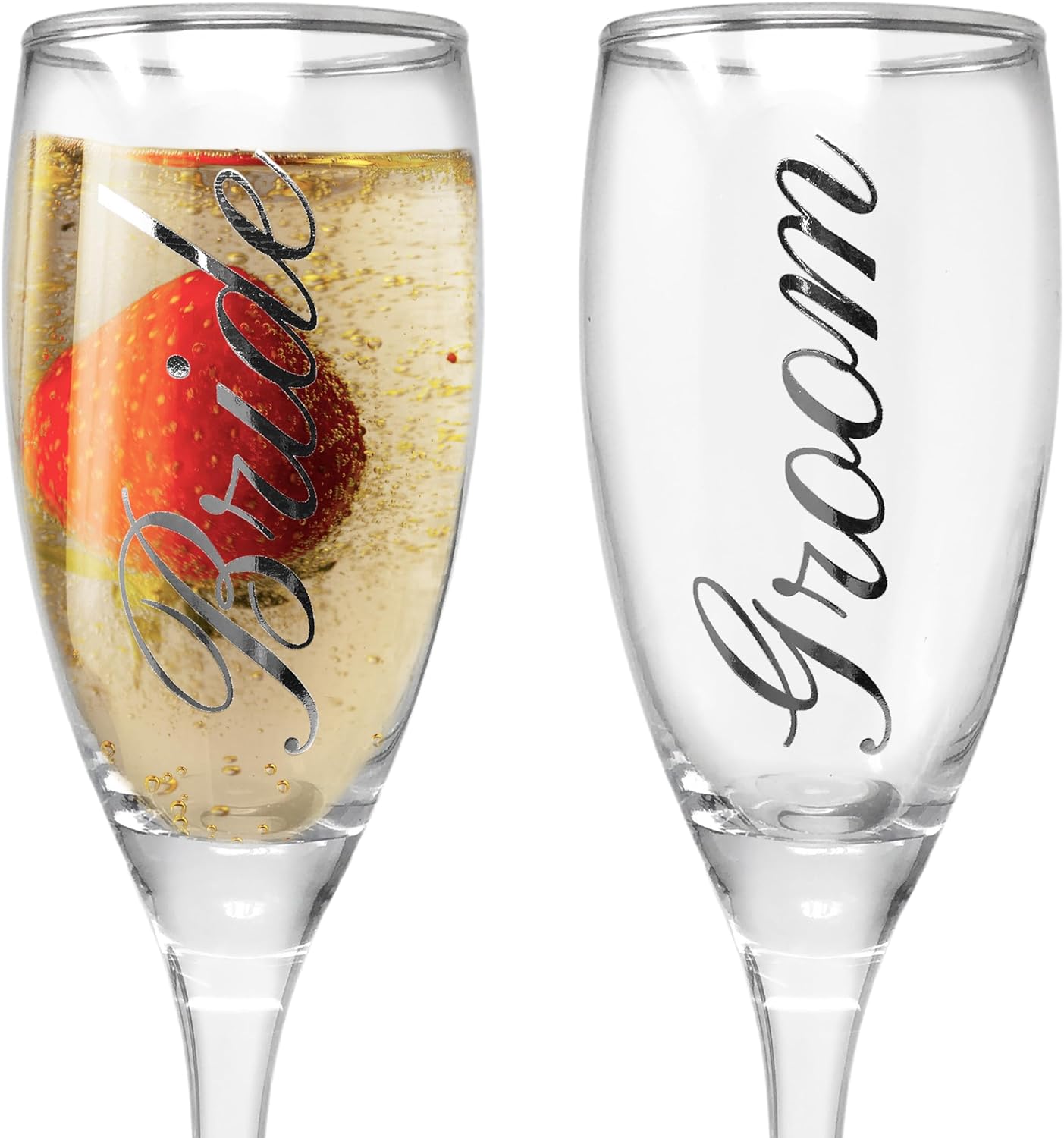 BANBERRY DESIGNS Bride and Groom Champagne Glasses Set of 2 Elegant Toasting Flutes Silver Wedding Champagne Set Wedding Glasses 6 oz