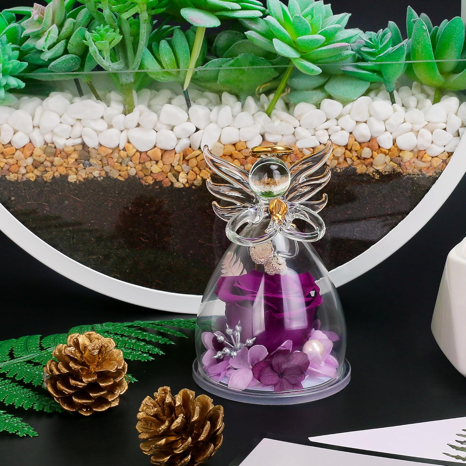 Preserved Flowers Rose in Glass Angel Figurines,Birthday Gifts for Women,Christmas Rose Gifts for Her Women Mom,Valentines Present,Purple Flowers for Grandma Wife Girlfriend