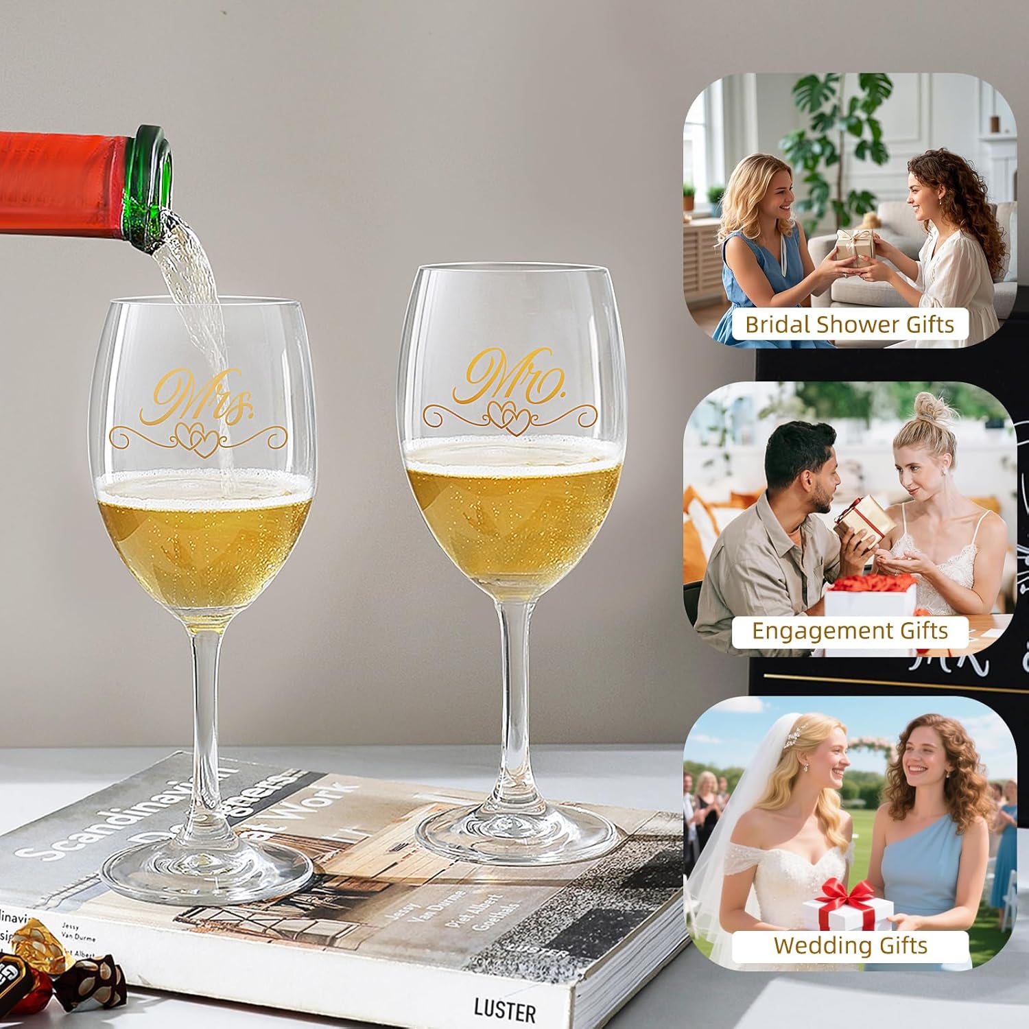 Bridal Shower Gifts Wedding Gifts Engagement Gift for Couples Newlyweds,Mr and Mrs Wine Glass Set,Wedding Glasses for Bride and Groom