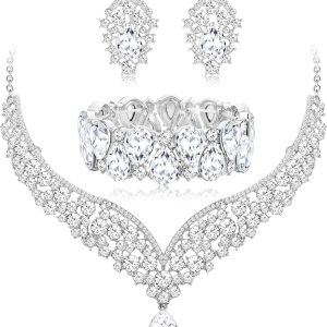 IRONBOX Crystal Wedding Bridal Jewelry Set for Women Prom Sliver Rhinestone Teardrop Necklace Earrings Bracelet Wedding Bridesmaid Gifts Fit with Wedding Dress