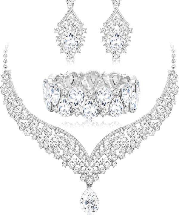 IRONBOX Crystal Wedding Bridal Jewelry Set for Women Prom Sliver Rhinestone Teardrop Necklace Earrings Bracelet Wedding Bridesmaid Gifts Fit with Wedding Dress