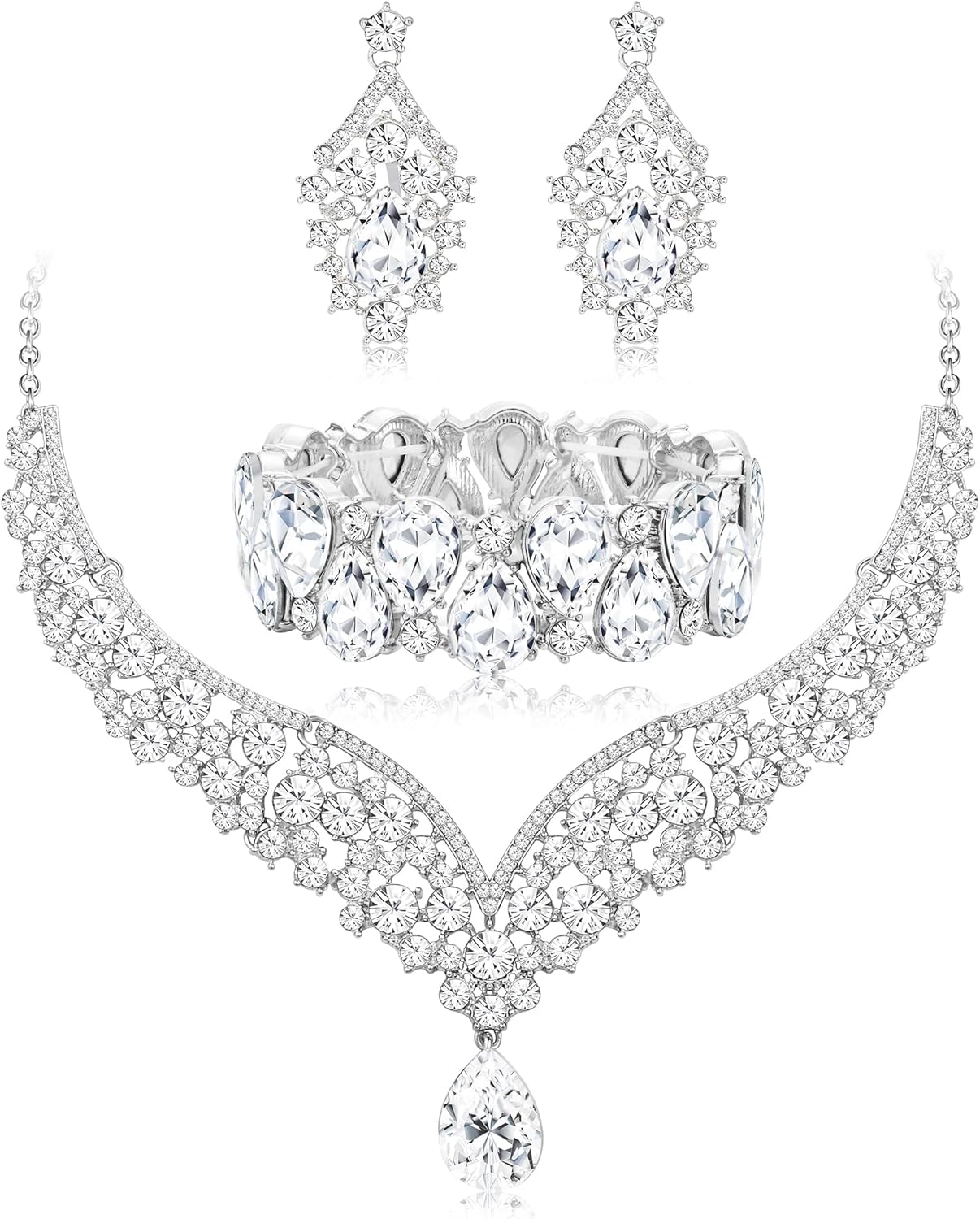 IRONBOX Crystal Wedding Bridal Jewelry Set for Women Prom Sliver Rhinestone Teardrop Necklace Earrings Bracelet Wedding Bridesmaid Gifts Fit with Wedding Dress