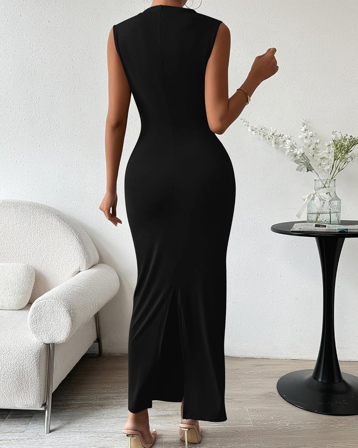 BTFBM Women’s Ruched Bodycon Dress Summer Casual Sleeveless Back Slit Elegant Club Evening Party Cocktail Maxi Dresses