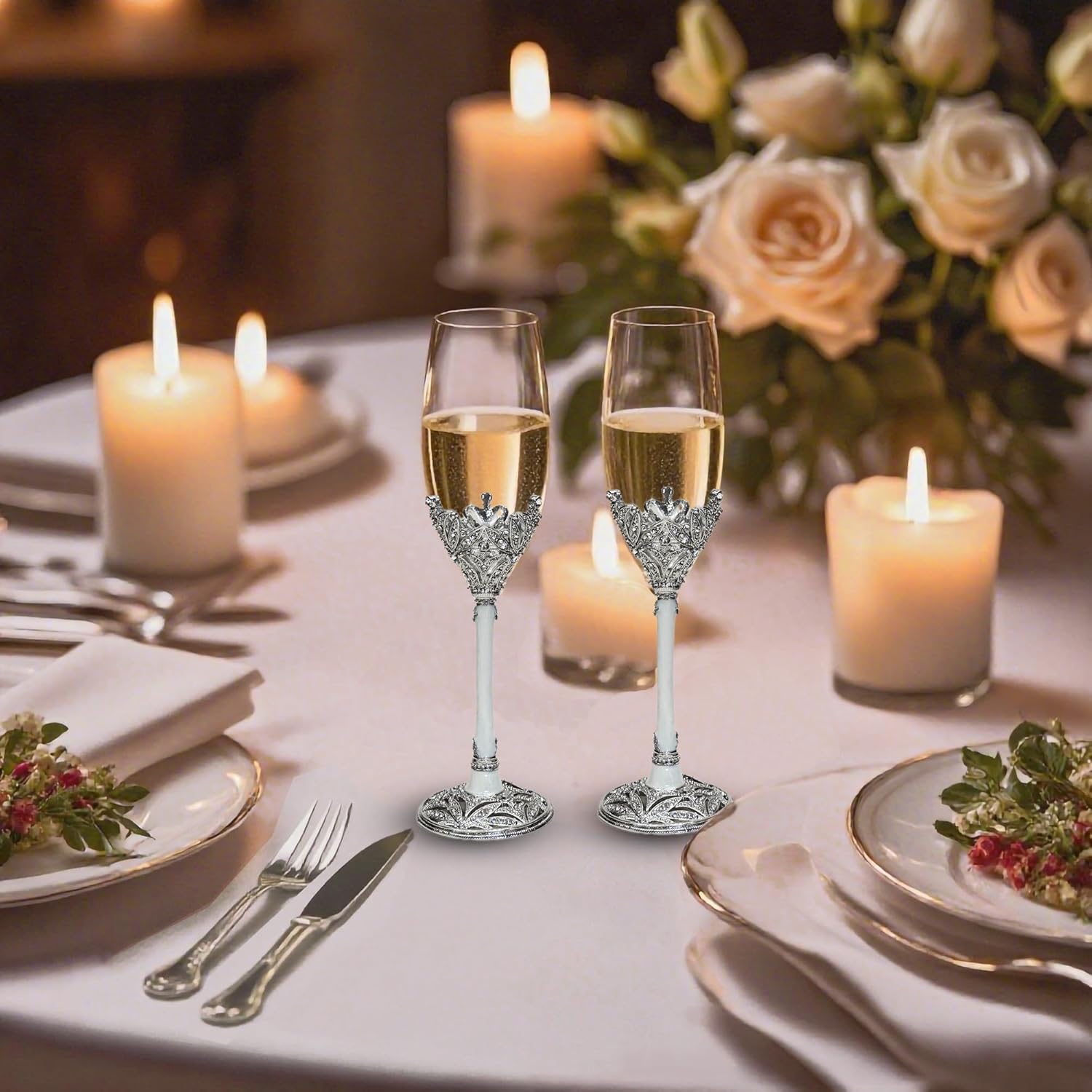 Silver Champagne Flutes -Wedding Toasting Glasses for His and Hers,Engagement Celebrations, Bridal Shower and Registry Idea, Gifts for Bride and Groom Gifts,7oz (Silver)