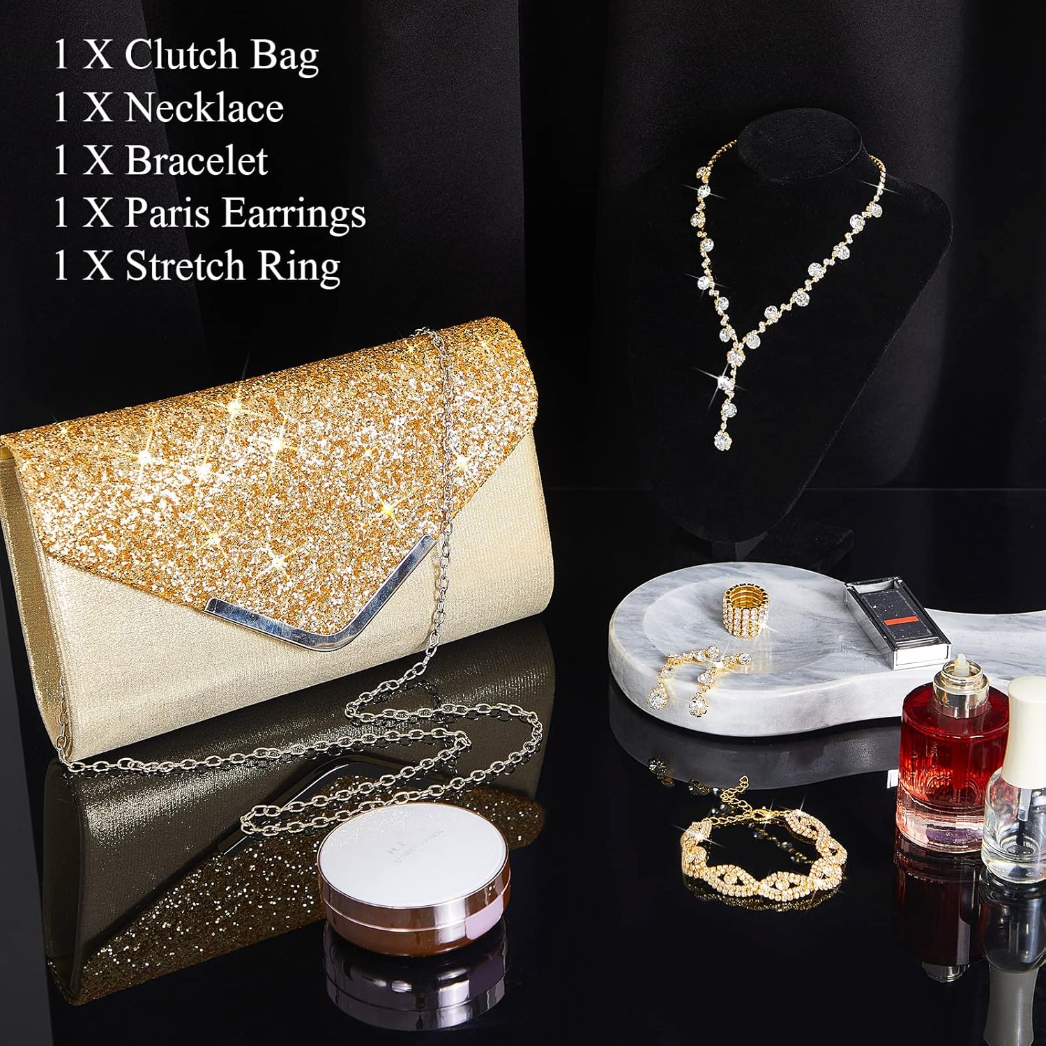 Henoyso 5 Pcs Purse Rhinestone Jewelry Set Prom Jewelry Rhinestone Clutch Purse Necklace Earrings Bracelets for Women Bride