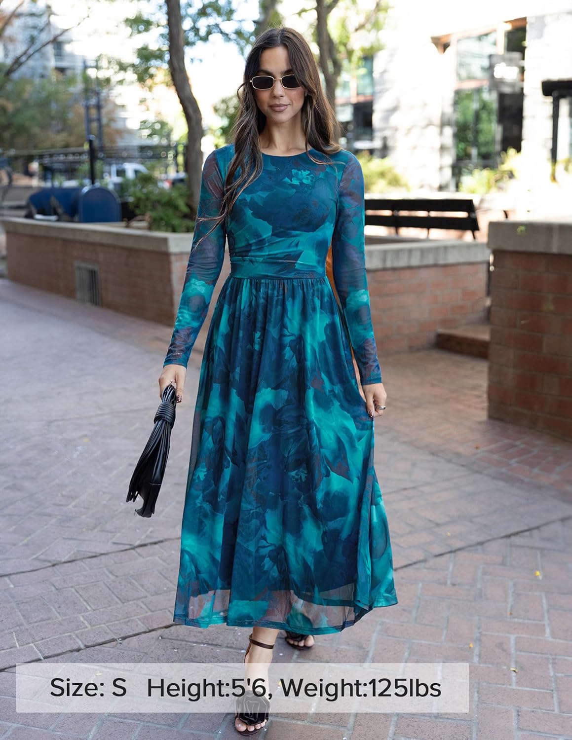 ZESICA Women’s Maxi Dress 2025 Fall Long Sleeve Crewneck Floral Print Mesh Ruched Party Wedding Guest Dresses