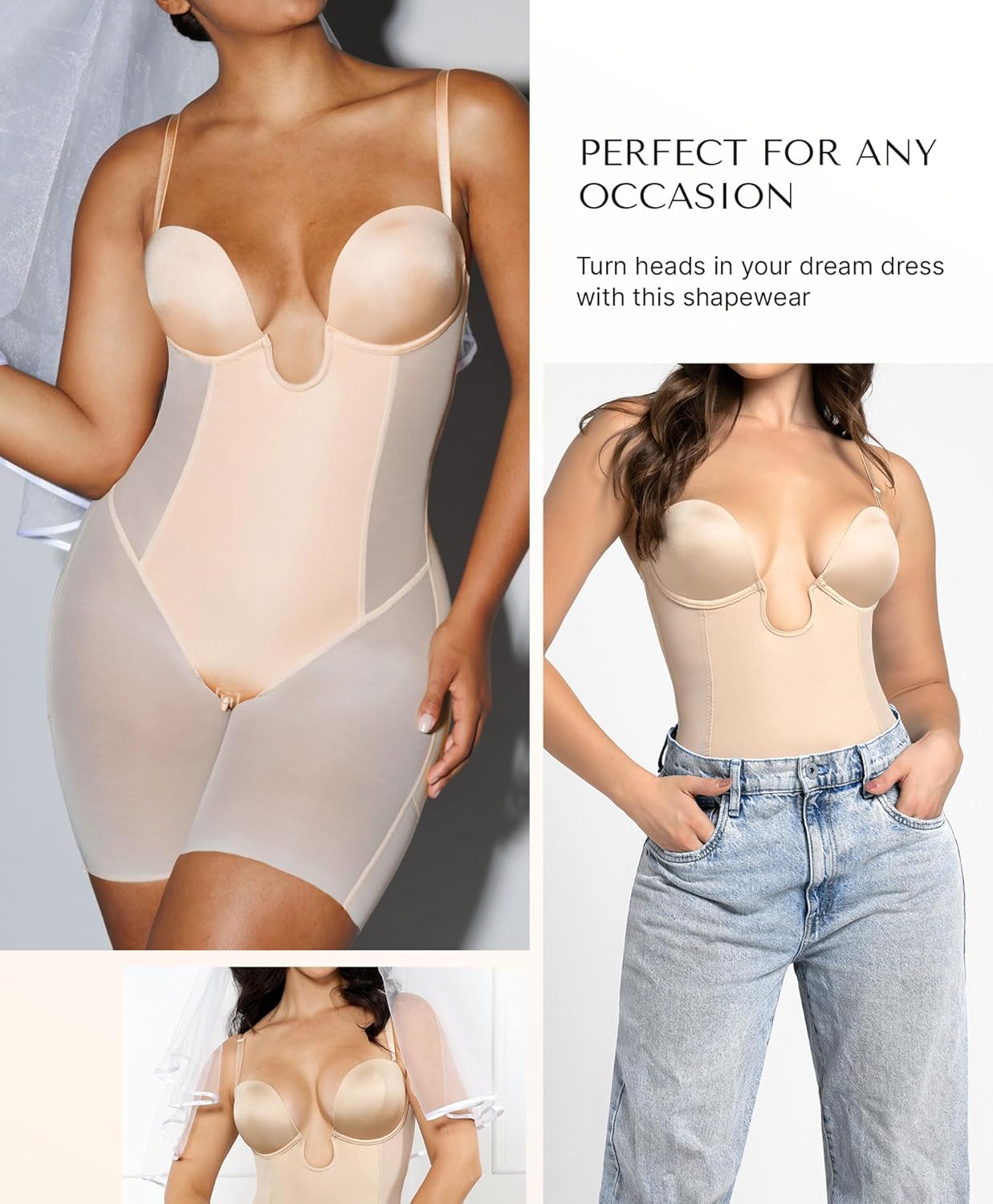 SHAPELLX Strapless Shapewear for Women Deep Plunge Corset Tummy Control Backless Bodysuit Mid Thigh Full Body Shaper