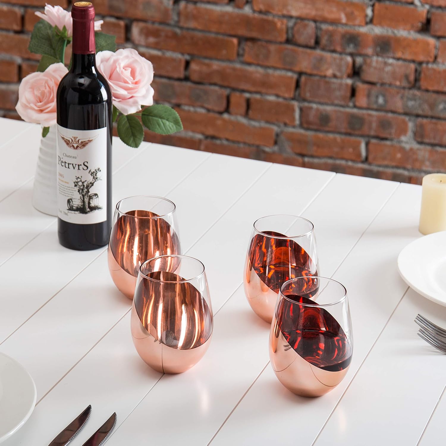 MyGift Stemless Wine Glasses Set of 4 – Copper Accent Modern Barware, Elegant Wedding & Celebration Cups with Luxe Metallic Finish, Dishwasher Safe