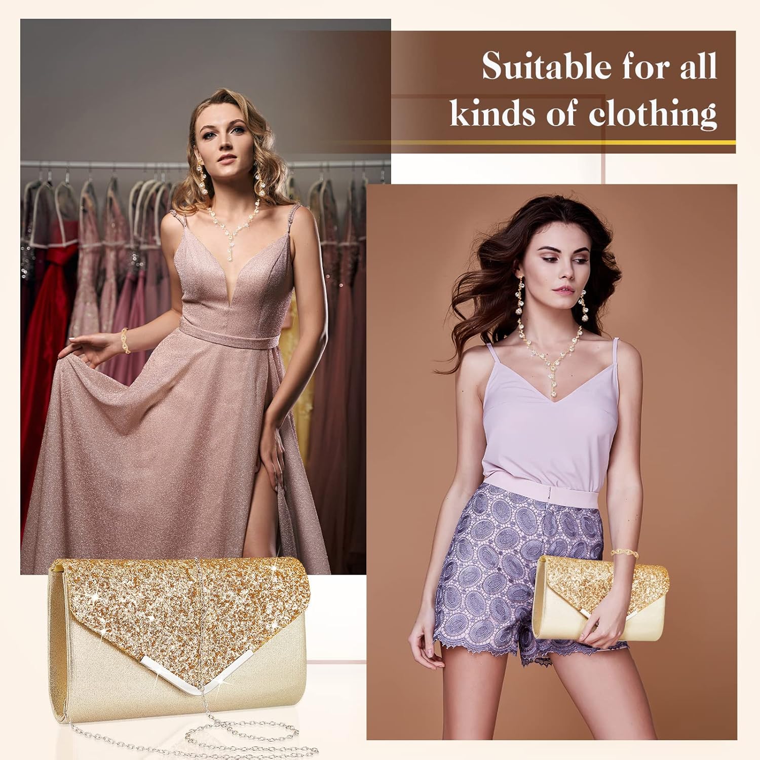 Henoyso 5 Pcs Purse Rhinestone Jewelry Set Prom Jewelry Rhinestone Clutch Purse Necklace Earrings Bracelets for Women Bride