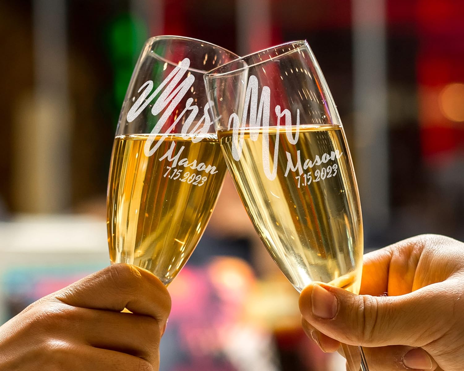 Mr. Mrs. Centerpieces Set of 2 Custom Engraved Wedding Flutes Wine Champagne Newlyweds Bride Groom Anniversary for Couples