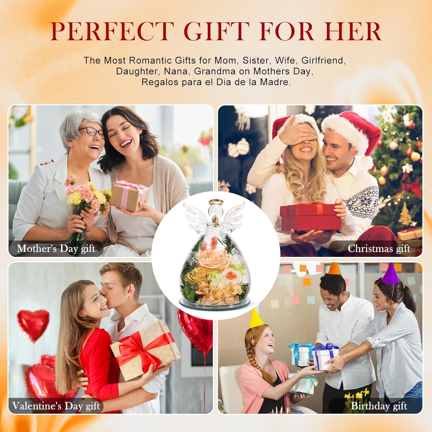 Gifts for Women Birthday Preserved Rose Forever Flower in Glass Angel Figurines Fresh Flowers for Delivery for Mom Real Colorful Roses for Grandma Sister Wife Her from Daughter