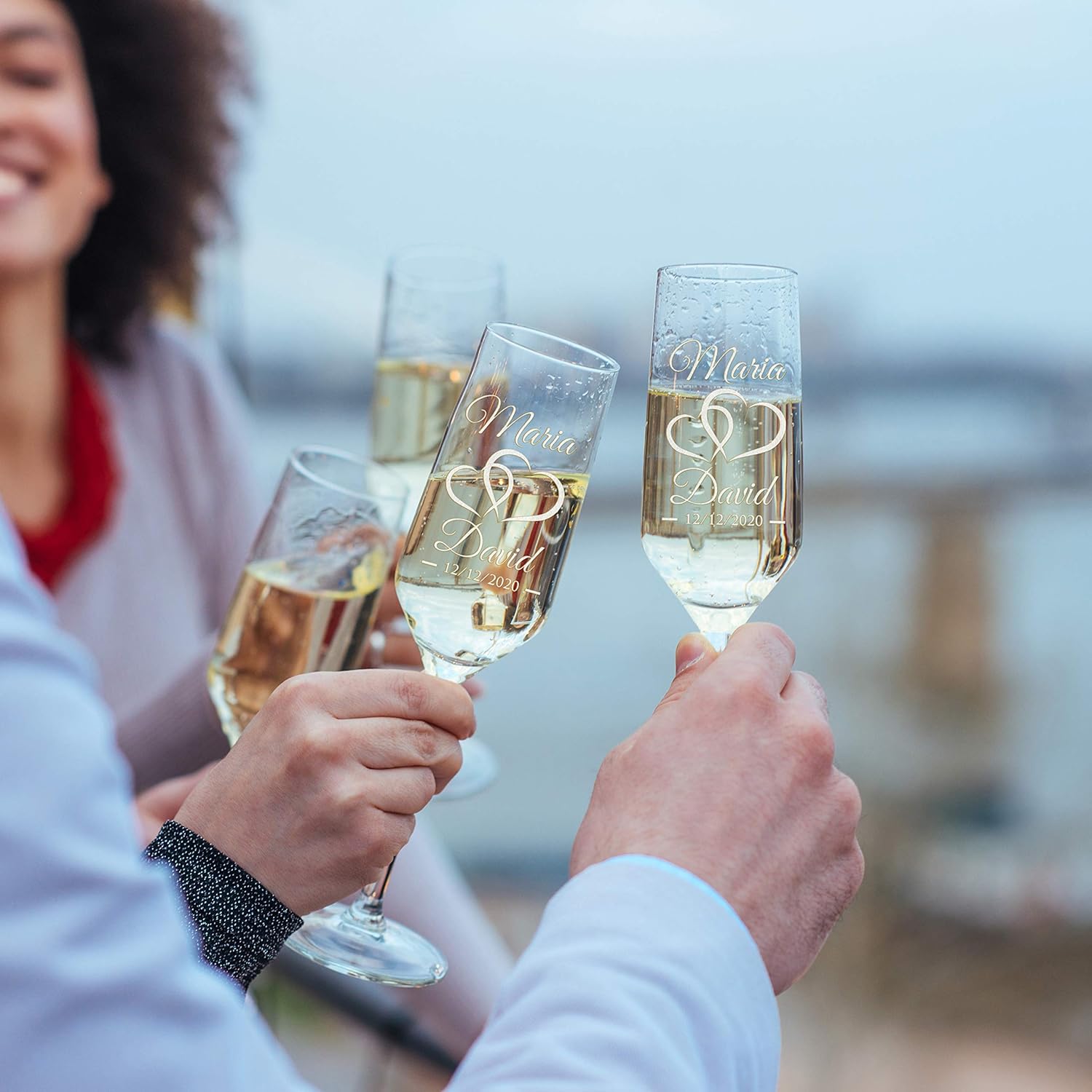 P Lab Set of 2, Bride Groom Names & Date Hearts, Personalized Wedding Toast Champagne Flute Set, Wedding Toasting Glasses – Etched Flutes for Bride & Groom Customized Wedding Gift #N9