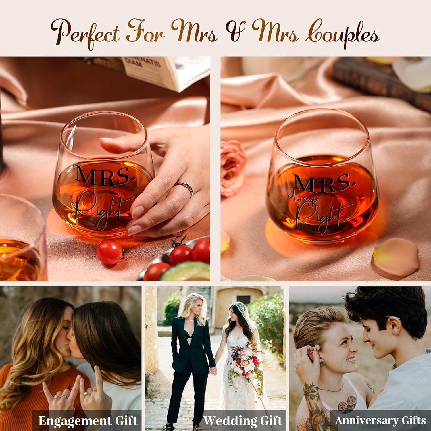 Physkoa Lesbian Wine Glasses Set of 2 Mrs Right& Mrs Always Right Wedding,Engagement, Anniversary, Birthday Gift for Lesbian Couples