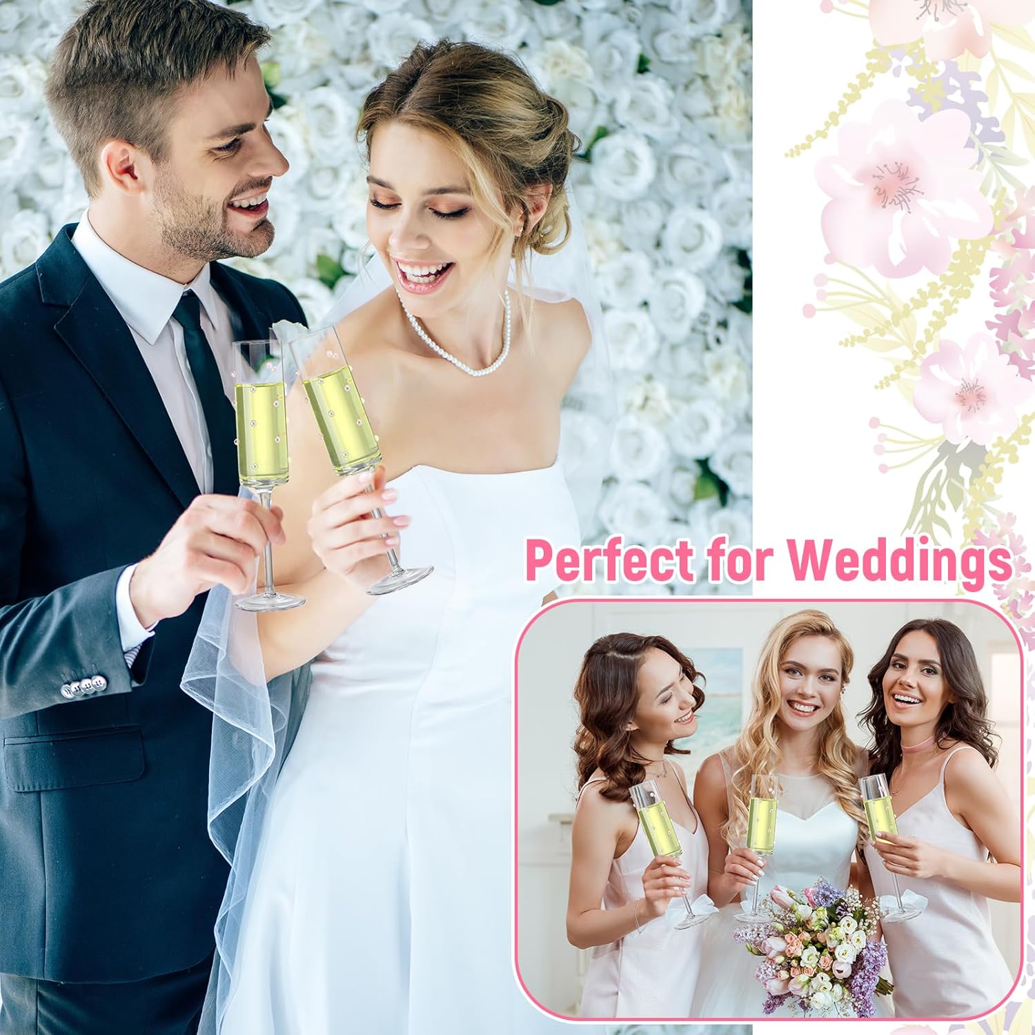 2 Pcs Pearl Wedding Champagne Flutes with Faux Pink and White Pearl 6 oz Clear Glass Long Stem Bride and Groom Toasting Glass for Bridal Shower, Wedding, Engagement, Anniversary for Couples