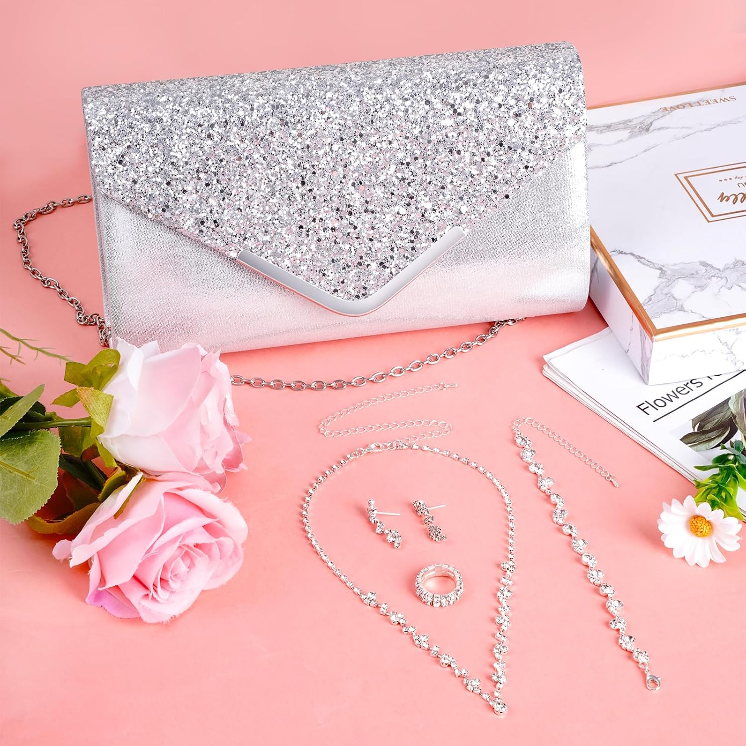 5 Pcs Women Purse Rhinestone Wedding Jewelry Set Crystal Bridal Necklace Bracelet Earrings Ring Clutch Purse Evening Bag Handbag for Brides Bridesmaid Wedding Halloween Evening Party