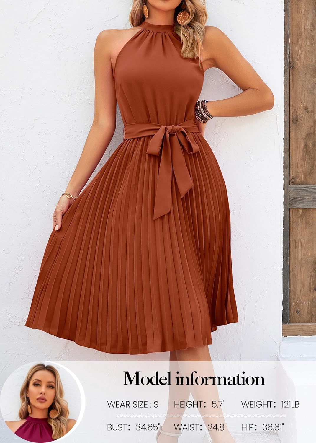 KIRUNDO Women’s 2025 Summer Sleeveless Halter Neck Pleated Midi Cocktail Dresses A Line Flowy Beach Sun Dress with Belt