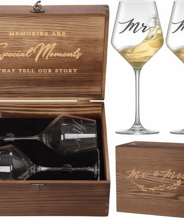 Mr Mrs Wine Glasses Gifts for Wedding/Engagement/Bridal Shower,Classy Engagement Present,WEDDING Gift for Couples,Women,Bride to be,Newlyweds-Wedding Keepsake Box Gift Set