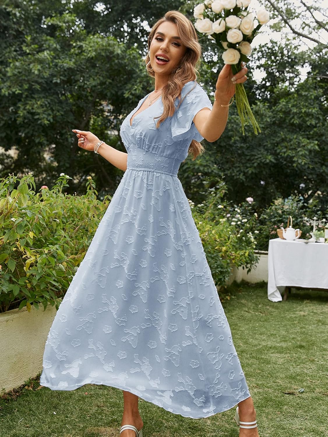 Simplee Women’s Boho Floral Maxi Dress Flowy Casual V Neck Short Sleeve Wedding Guest Holiday Beach Long Dress