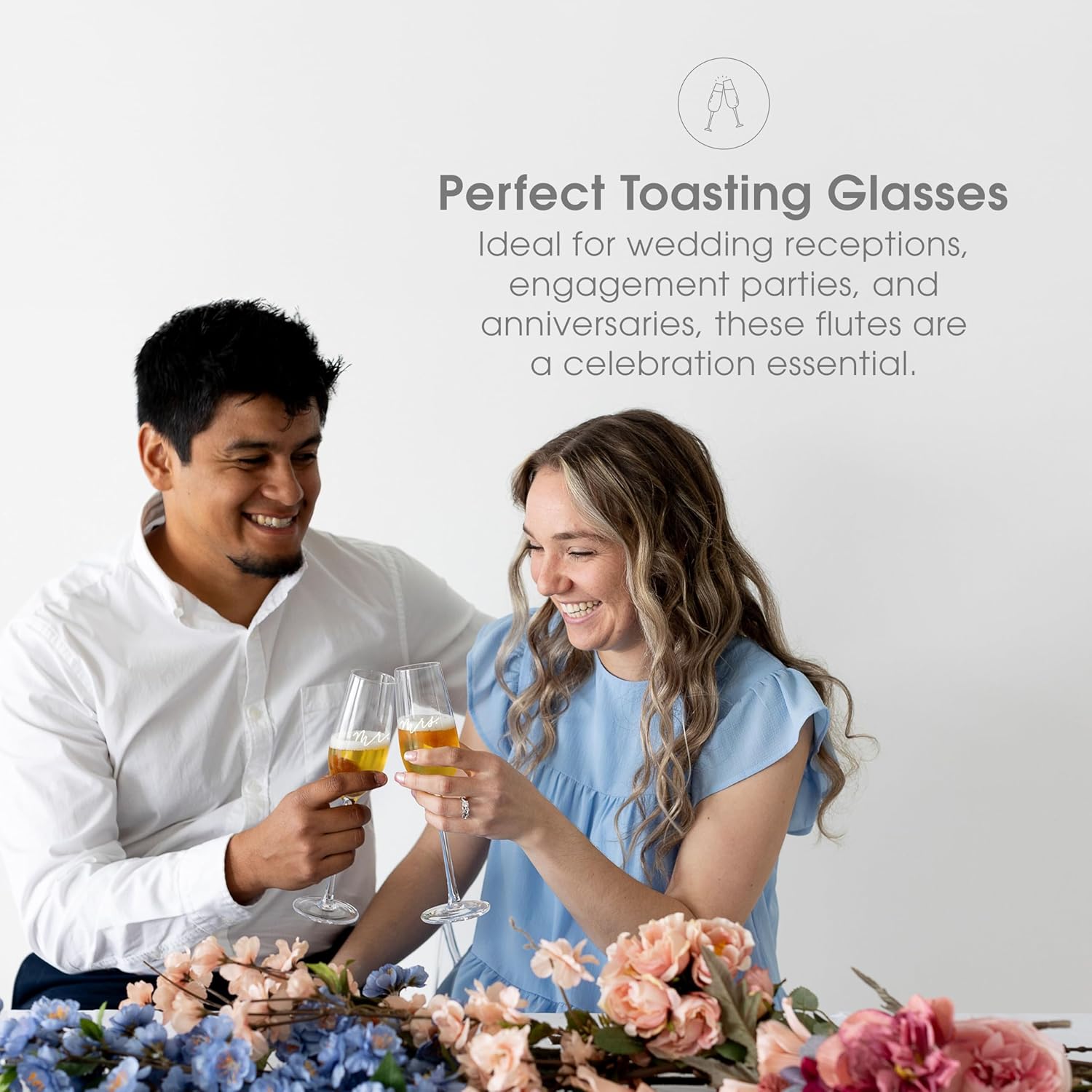 Pearhead Mr. & Mrs. Champagne Flute Set – Elegant His and Hers Wedding Toasting Glasses for Unforgettable Celebrations, Bridal Shower and Registry Idea, Tall Wine Glasses for Bride and Groom