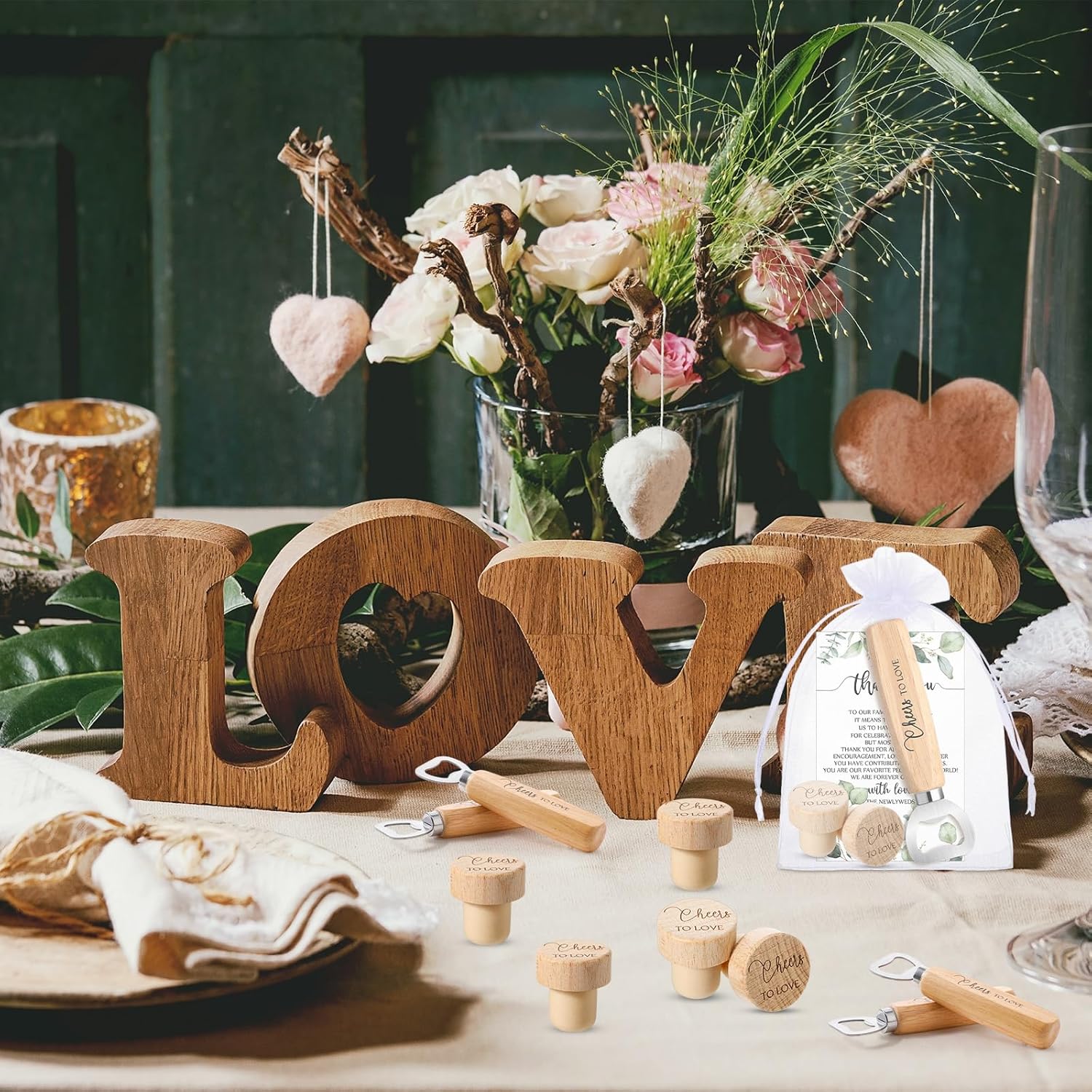 Barydat 36 Sets Wedding Favors for Guests Bulk Engraved Wood Wine Corks Beer Bottle Openers with Wedding Thank You Cards Organza Bags Cheers to Love Appreciation Gifts Bridal Shower Souvenirs