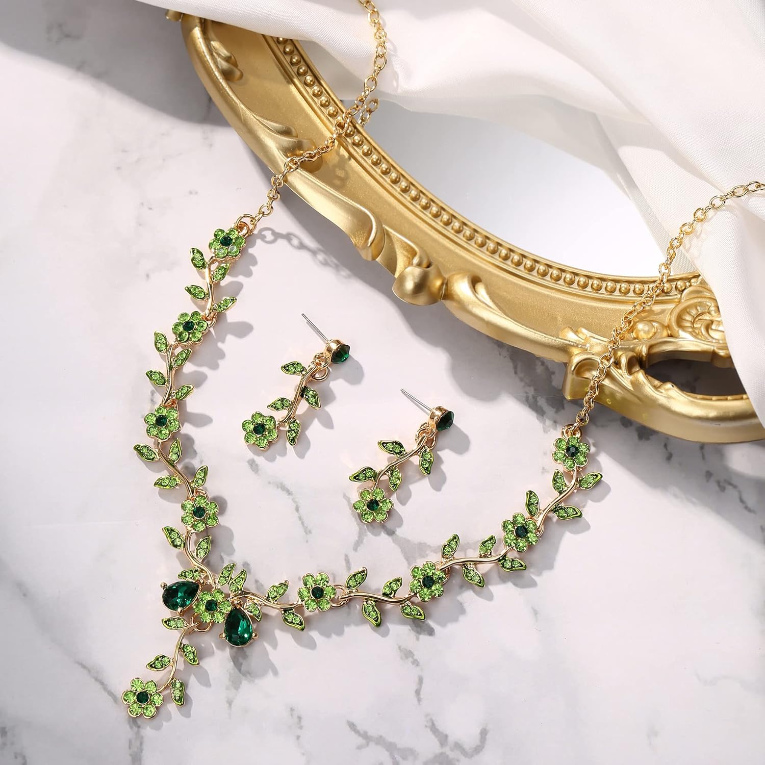 BriLove Women’s Wedding Jewelry Leaf Cluster Flower Crystal Dangle Earrings Pendant Necklace Set for Bridal