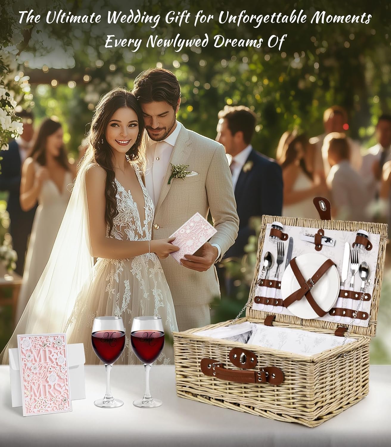 Picnic Basket for 2, Bridal Shower Gift Wedding Gifts with Mr Mrs Wine Glasses and Greeting Card, Engagement Newly Weeding Gifts for Couples 2025, Wicker Picnic Set Kit with Blanket Cooler for Beach