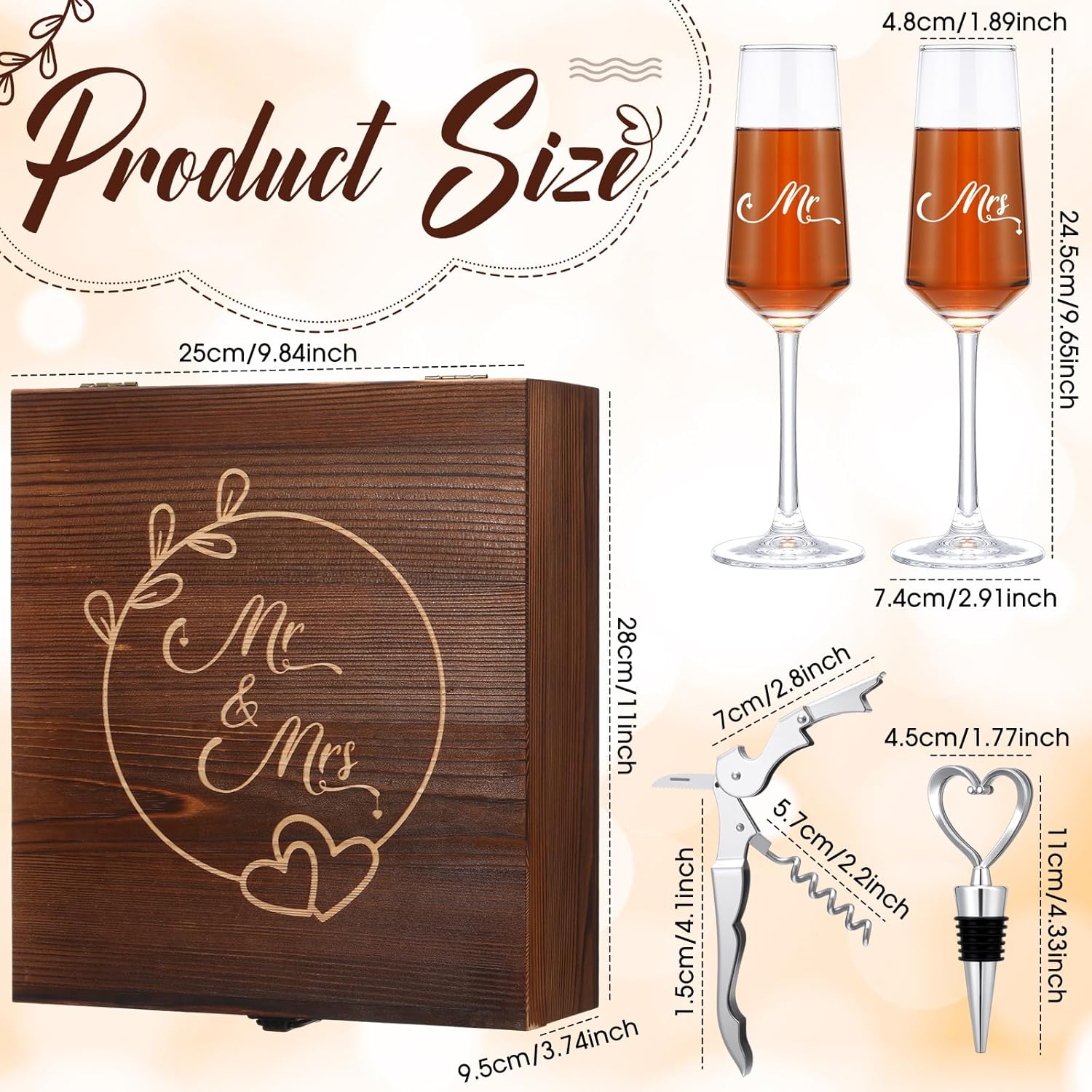 LemonRoad Wedding Gift Newlyweds Champagne Flute Set of 2 Bridal Shower Champagne Glasses Wine Opener Wine Stopper with Engraved Wooden Keepsake Box Engagement Gift for Couples(Mr & Mrs)