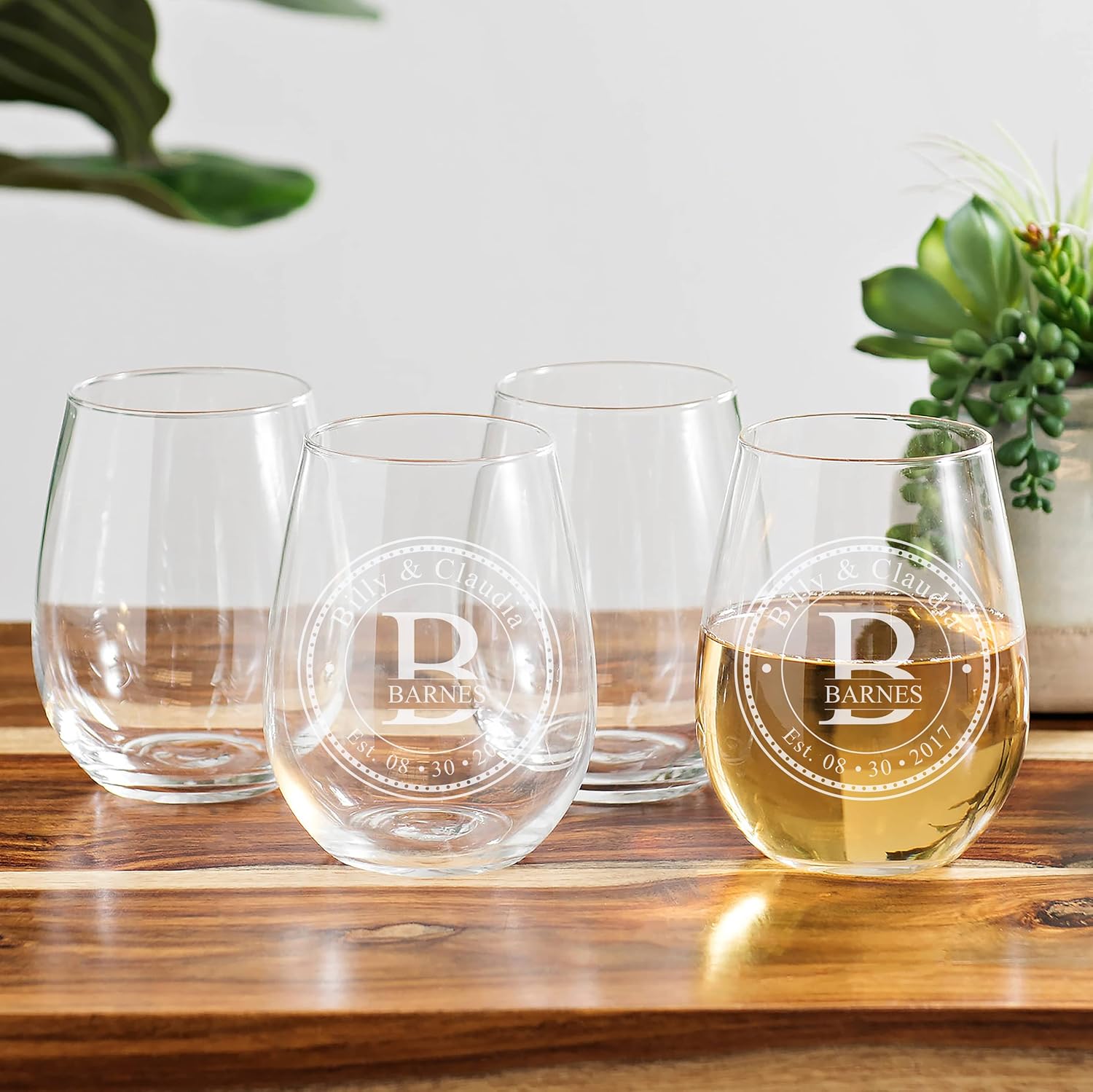 Personalized Stemless Wine Glasses (21oz) – Laser Engraved Anniversary & Wedding Gifts w/Names & Date – Dishwasher Safe. Custom Wine Glasses – Permanently Etched Couples Gifts