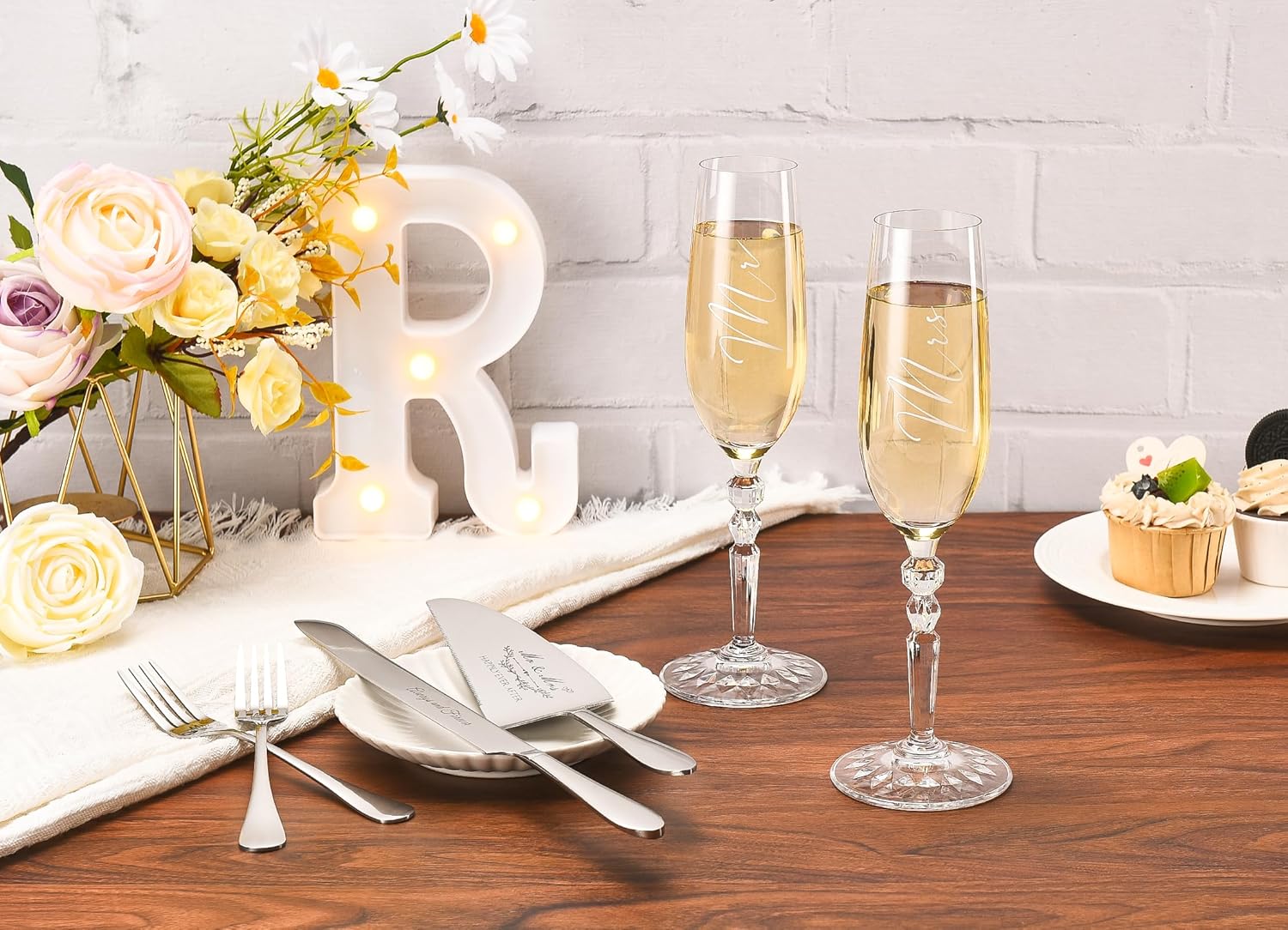 Wedding Cake Knife and Server Set with Forks, Classical Style Crystal Champagne Flutes Toasting Glasses for Bride and Groom, Wedding Gifts for Couples, Engagement and Bridal Shower Gifts