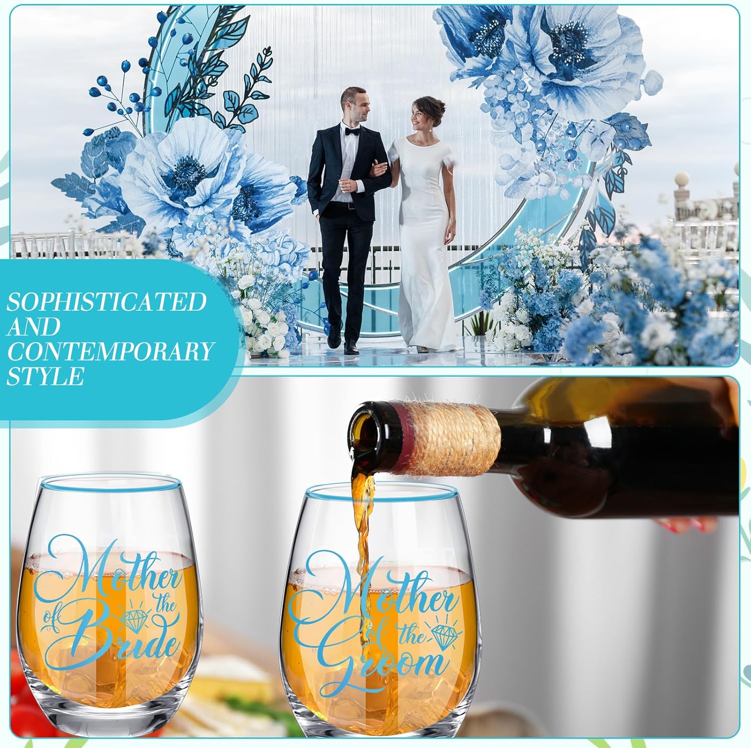 2 Pcs Mother of the Bride and Groom Gifts Wine Glasses Drink Cup 15 Ounce Stemless Wedding Toasting Glass Tumbler Wedding Proposal Gift for Mother (Blue)