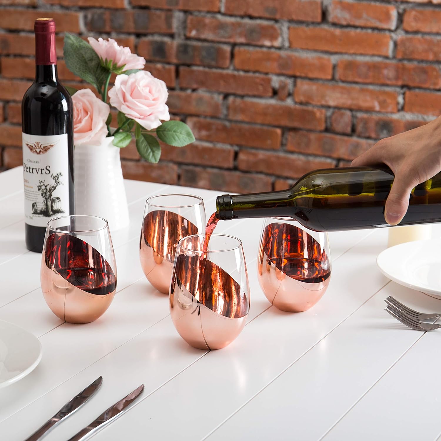 MyGift Stemless Wine Glasses Set of 4 – Copper Accent Modern Barware, Elegant Wedding & Celebration Cups with Luxe Metallic Finish, Dishwasher Safe