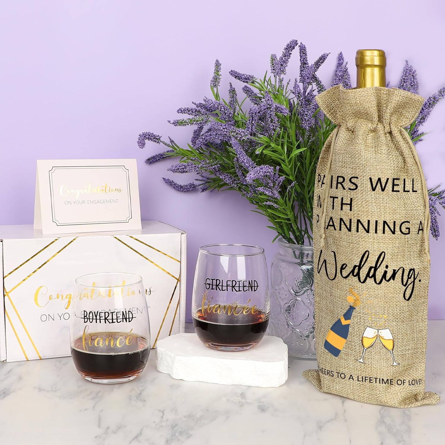 Engagement Gifts for Couples, Boyfriend and Girlfriend Wine Glass Engaged Gift Set with Wine Bag, Fiance Fiancee Gift for Him and Her Bride and Groom, Wedding Bridal Shower Gifts for Newlywed