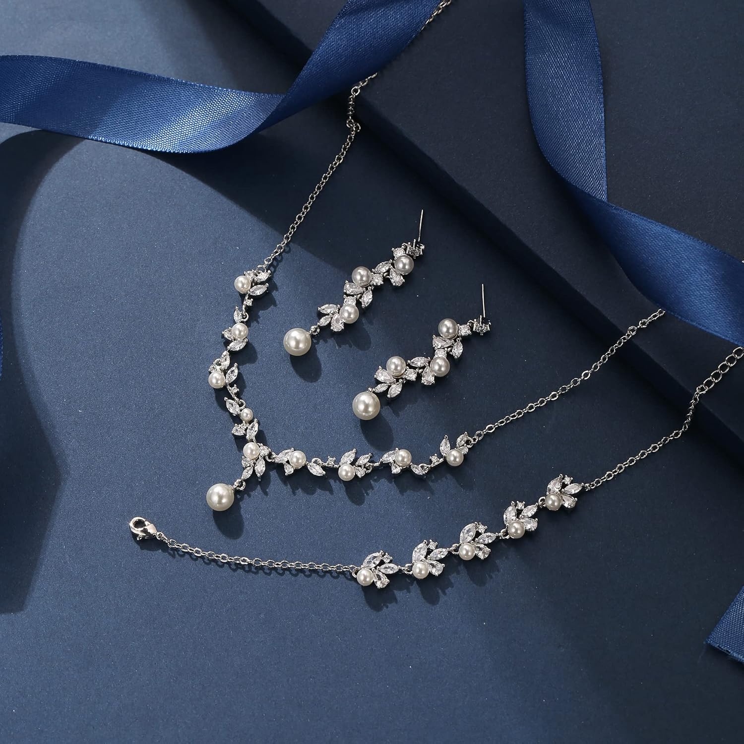 EleQueen Women’s Simulated Pearl Wedding Jewelry Set, Cubic Zirconia Marquise Floral Bridal Necklace Earrings Bracelet Sets