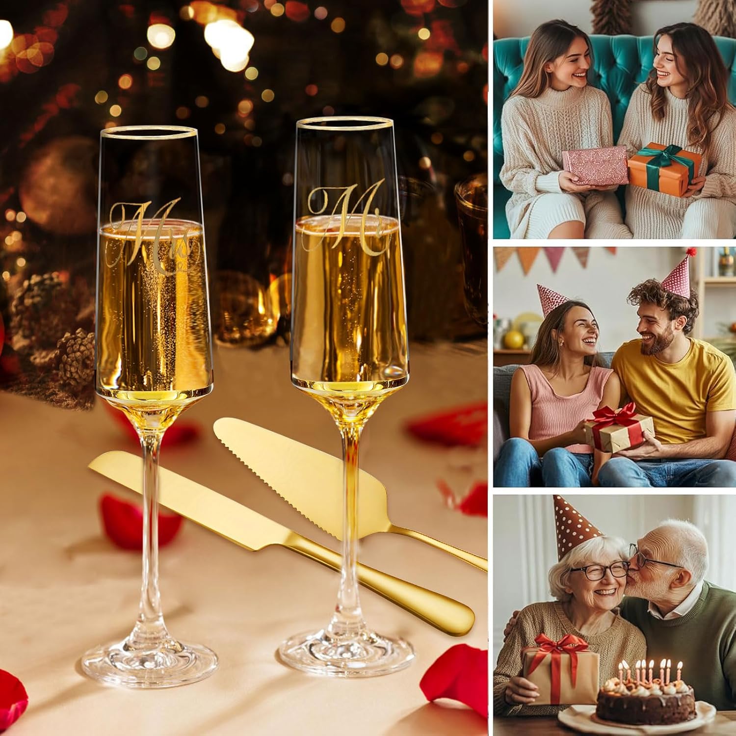 Mr and Mrs Champagne Flutes, Wedding Cake Cutting Set of 6, Bride and Groom Champagne Glasses, Wedding Cake Knife and Server Set, Bridal Shower Gift, Engagement for Couple Newlyweds