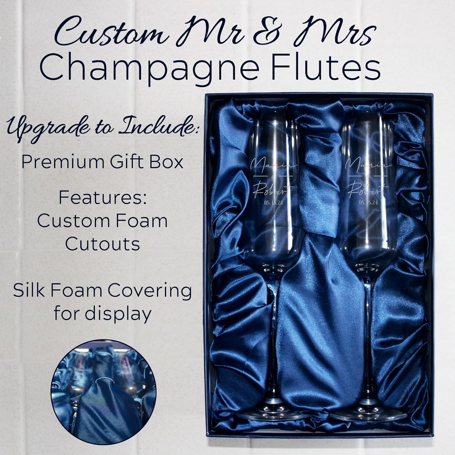 Personalized Wedding Champagne Flutes, Mr and Mrs Toasting Glasses for Bride and Groom, Engraved Name & Date, Customized Gifts for Couples, Husband and Wife, Newlyweds, Engagement, Wedding Favors