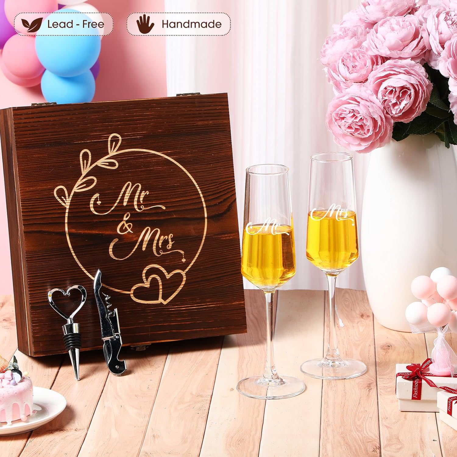 LemonRoad Wedding Gift Newlyweds Champagne Flute Set of 2 Bridal Shower Champagne Glasses Wine Opener Wine Stopper with Engraved Wooden Keepsake Box Engagement Gift for Couples(Mr & Mrs)