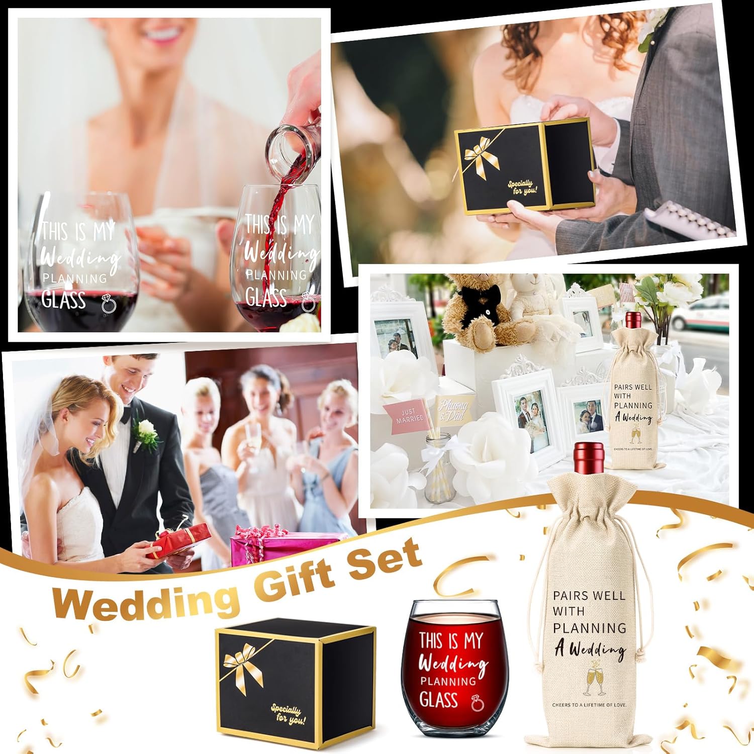 Wedding Engagement Gifts for Couple, Mr & Mrs Gift, Newlywed Wine Bag & Glass Pairs