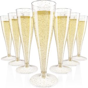 JOLLY CHEF 100 Pack Plastic Champagne Flutes Disposable 4.5 oz Gold Glitter Plastic Champagne Glasses for Wedding, Thanksgiving Day, Christmas