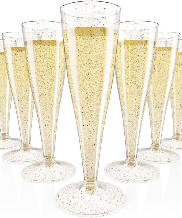 JOLLY CHEF 100 Pack Plastic Champagne Flutes Disposable 4.5 oz Gold Glitter Plastic Champagne Glasses for Wedding, Thanksgiving Day, Christmas