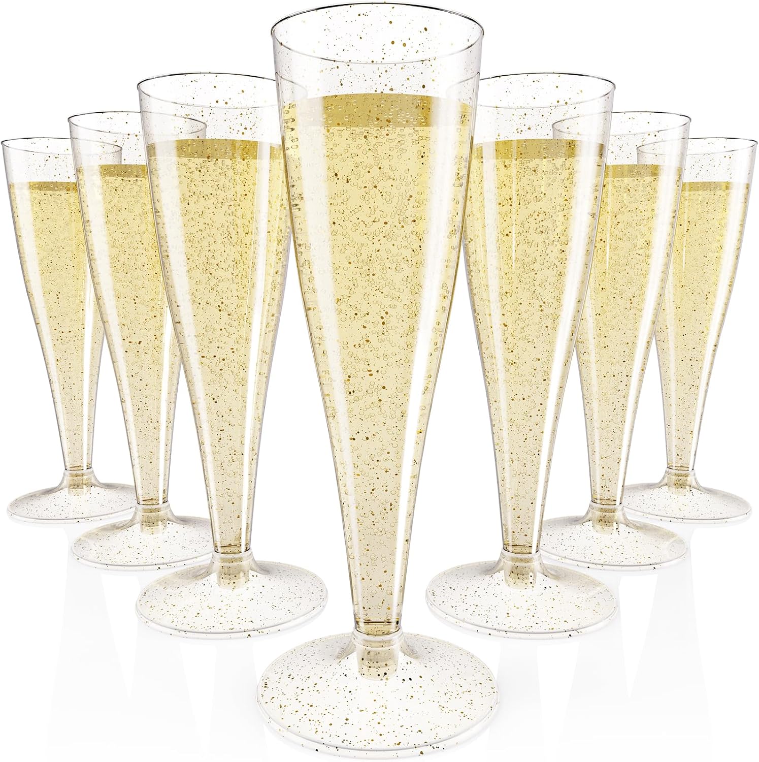 JOLLY CHEF 100 Pack Plastic Champagne Flutes Disposable 4.5 oz Gold Glitter Plastic Champagne Glasses for Wedding, Thanksgiving Day, Christmas